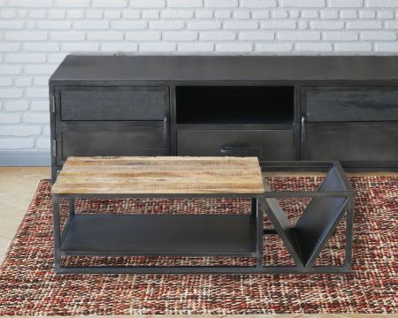 Mesa de centro de diseño industrial en metal y madera maciza «Caractère»