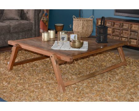 Gran mesa de centro cuadrada de madera antigua de estilo étnico «nepalí»