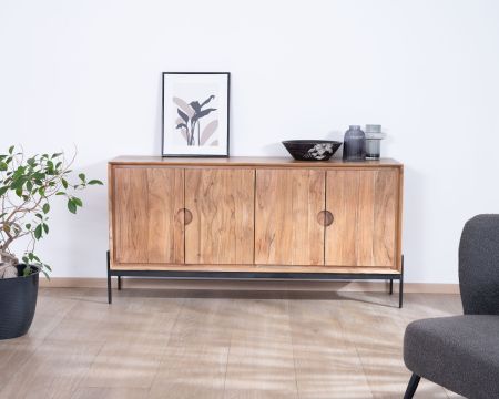 Aparador de 4 puertas de acacia y metal, 160 cm, modelo «Novelli», de estilo zen y minimalista