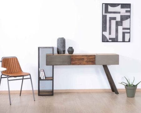 Consola de diseño moderno con espacio de almacenamiento en madera, metal y cemento «Mezzo»