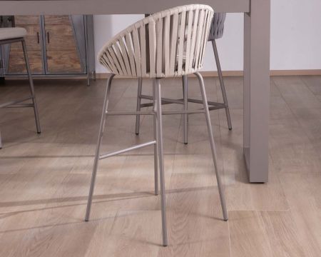 Silla de bar para exterior de aluminio gris champán con respaldo de cuerda tensada