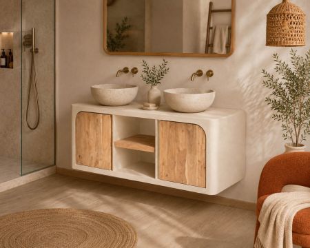Mueble bajo lavabo de 140 cm para colgar «Miona», de diseño orgánico y aspecto de hormigón pulido