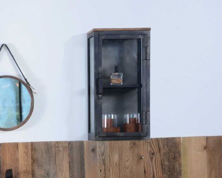 Pequeña vitrina de pared de estilo industrial, de metal, madera maciza y cristal «Black Cook»