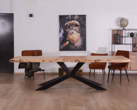 Mesa de comedor grande con tablero de 280 cm de acacia maciza y patas metálicas «3D»