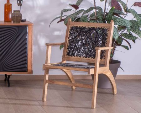 Sillón étnico bajo de madera de haya y cuerdas «Pop Vintage»