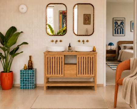 Mueble bajo lavabo de 120 cm «Bulle» en madera de mango con acabado en roble claro