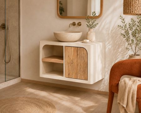 Mueble bajo lavabo de 90 cm para colgar «Miona», de diseño orgánico y aspecto de hormigón pulido
