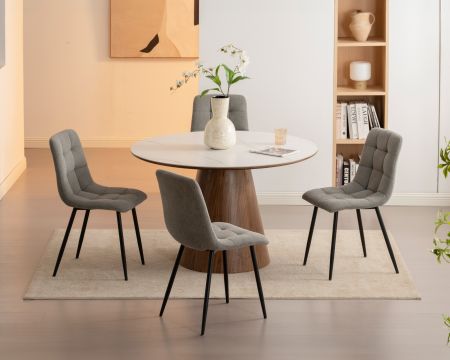 Mesa de comedor redonda de 120 cm con tablero de cerámica blanco con efecto mármol «Oria» y base con acabado de nogal