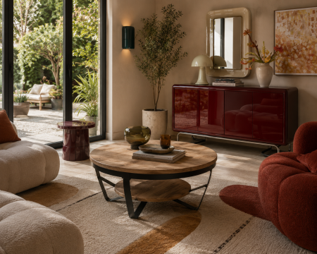 Mesa de centro redonda de madera maciza de mango y metal «Andy», diámetro 90 cm