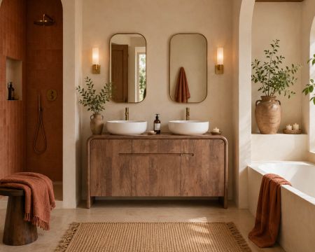 Mueble de lavabo doble de madera maciza de mango «Spelano», estilo neovintage, 140 cm