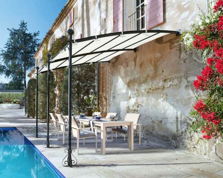 Pérgola de pared con 3 patas metálicas y techo redondeado «Gardénia», 3,60 m x 3 m