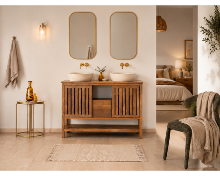 Mueble bajo lavabo de 120 cm con puertas correderas «Bulle» en madera de mango con acabado en nogal