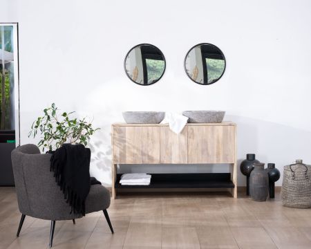 Mueble de lavabo doble de madera con acabado natural y negro «Nani», 140 cm