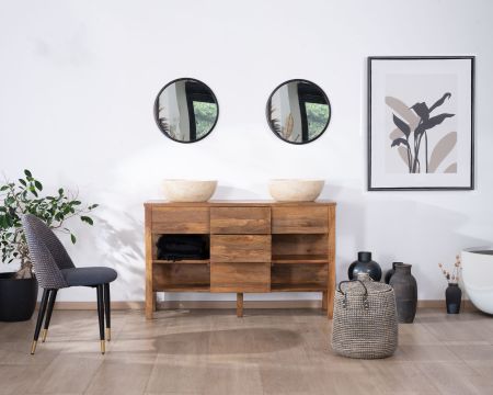 Mueble de baño doble de madera de mango oscuro de 140 cm con nichos y cajones «Kahiko»