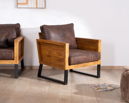 Sillón estilo club de teca y tela con aspecto de cuero «Roster»