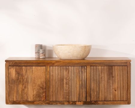 Mueble bajo lavabo suspendido de 120 cm en madera de mango oscuro «Nani», con frentes de doble textura