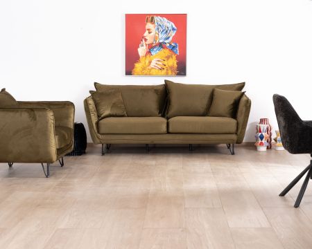 Sofá de 3 plazas ultracómodo, con tejido suave de color caqui y patas de metal «Hasting»