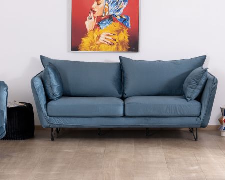 Sofá azul de 3 plazas, de estilo vintage, en tela y metal, modelo «Hasting»