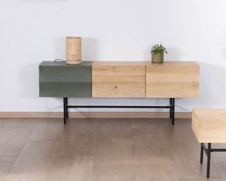 Mueble para la tele de diseño en metal negro y madera bicolor «Elegancy», 150 cm