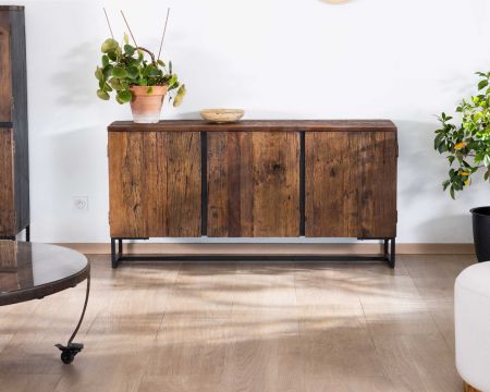 Aparador bajo de 3 puertas de acacia maciza, 150 cm, «Cachou chic»