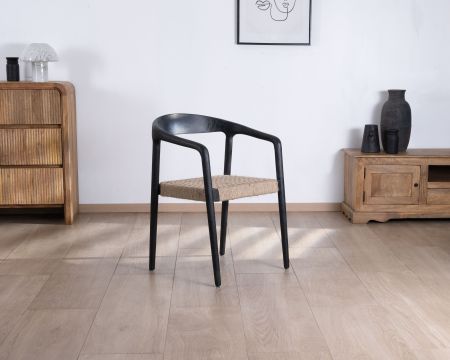 Lote de 2 sillas de diseño en madera negra y asiento de yute trenzado «Vogue»