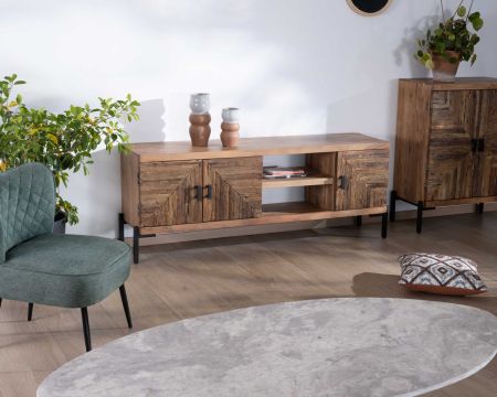 Mueble para la tele de estilo étnico, de madera maciza de acacia y patas de metal «Géonidum», 160 cm, 3 puertas y 2 compartimentos