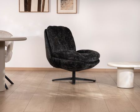 Sillón giratorio de estilo retro, tapizado en tejido bouclé antracita «Panama», con asiento envolvente