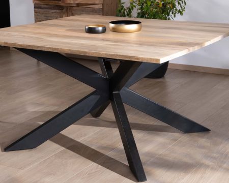 Mesa de comedor cuadrada extensible de estilo industrial, de madera de mango y metal, modelo «Haden», 140 x 140-220 cm