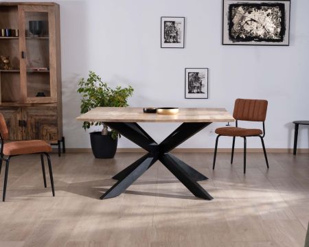 Mesa de comedor cuadrada de 120 x 120 cm, estilo industrial, de madera de mango y metal, modelo «Haden», con extensiones