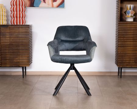 Lote de 2 sillones de comedor contemporáneos de tela azul de doble textura «Chilko» con base giratoria de metal