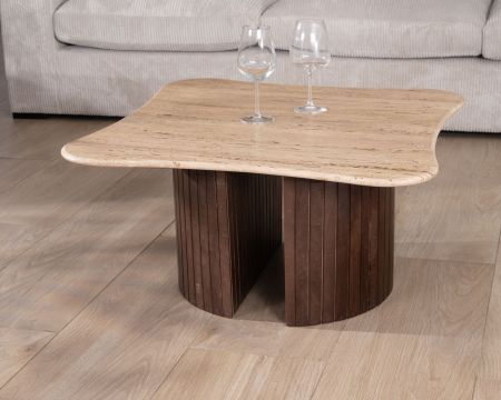 Mesa de centro de diseño «Archipel», de travertino y madera de mango, con patas en forma de semiesferas