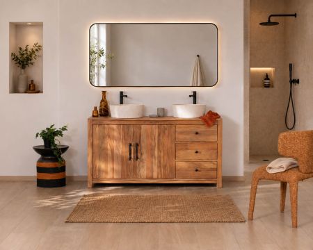 Mueble bajo lavabo doble de madera reciclada «Mokal», de 150 cm, con estilo rústico