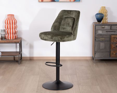 Lote de 2 sillas altas ajustables y giratorias de terciopelo verde caqui «Zoung» con patas de metal negro