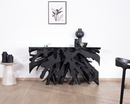 Consola de 150 cm de raíz de teca teñida de negro con tablero de cristal «Jungle»