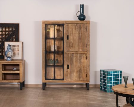 Mueble de almacenamiento contemporáneo con puerta acristalada e iluminación LED «Manelo», fabricado en madera maciza de mango