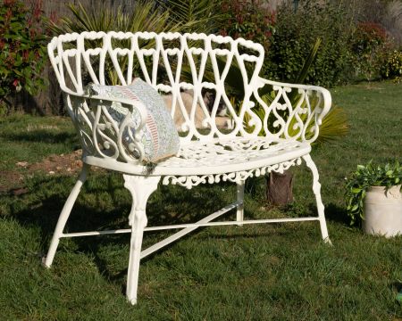 Banco de jardín de estilo retro, de hierro fundido con acabado de hierro forjado blanco envejecido «Gardénia», 1 m