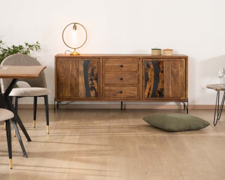 Aparador bajo de acacia maciza con patas de metal negro «Membatu», 175 cm, con puertas y cajones de estilo étnico
