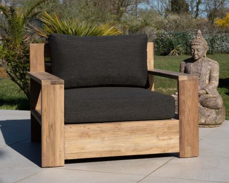 Sillón de jardín de alta gama «Zénith» de teca, tapizado en tejido gris oscuro