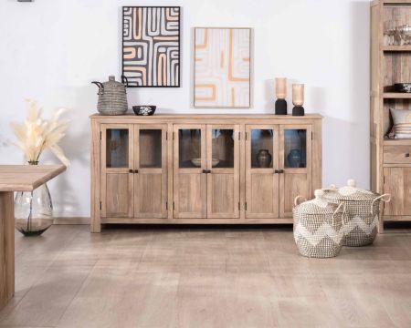 Aparador acristalado de 6 puertas de madera maciza de mango, 190 cm, «Maestro»