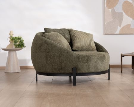 Sillón redondo XL ultracómodo en tejido de rizo verde caqui «Sweet Culture» con varios cojines a juego