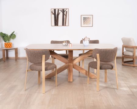 Mesa de teca maciza con tablero de cerámica con efecto travertino de 200 cm «Avenor» con base en forma de estrella