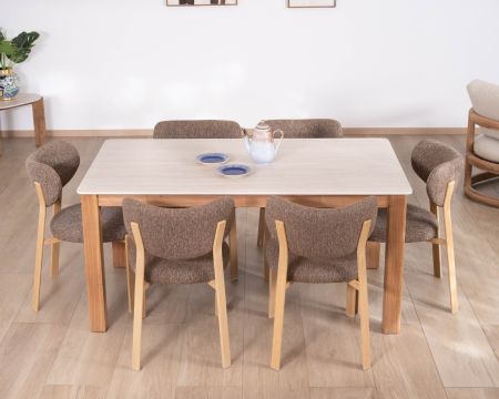 Mesa de comedor de 200 cm de estilo rústico-elegante «Arvik», de teca maciza y cerámica con efecto travertino