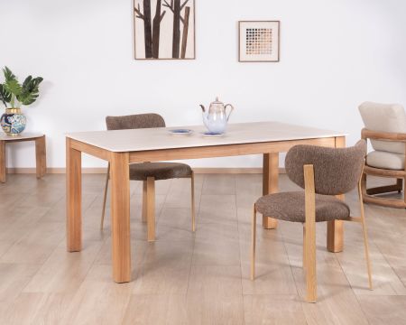 Mesa de comedor de estilo rústico-elegante «Arvik», de teca maciza y cerámica con efecto travertino, 160 cm