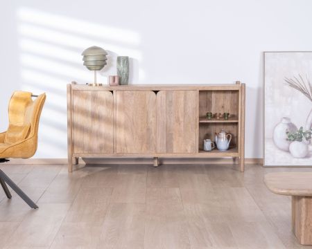 Aparador de 3 puertas y nichos de madera de mango, estilo japandi «Orobie», 180 cm