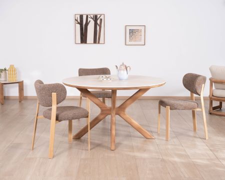 Mesa redonda para interior o exterior de 130 cm «Elsen», de teca maciza con tablero de cerámica con efecto travertino