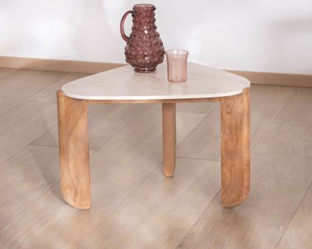 Mesa de centro de formas orgánicas, de teca maciza y con tablero de cerámica con efecto travertino «Osten»