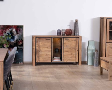 Aparador contemporáneo de 150 cm de acacia, con 2 puertas y estantes acristalados «Fantaisie»