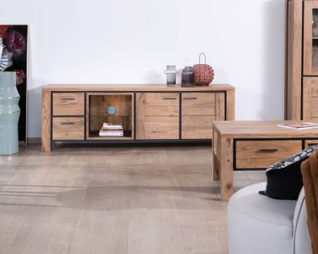 Mueble para televisión de 180 cm de acacia maciza con nicho con iluminación LED y estante de cristal «Fantaisie»