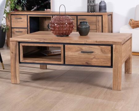 Mesa de salón rectangular reversible de acacia maciza con cajones y ribete negro «Fantaisie», 110 cm