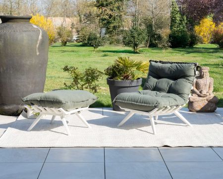 Sillón de jardín ultracómodo de tela verde caqui con reposapiés modular «Lisca»
